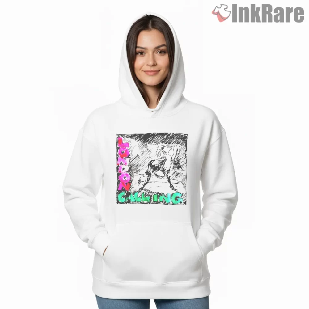 The Clash London Calling Hand Drawn Distressed Shirt on white hoodie for women graphic tee