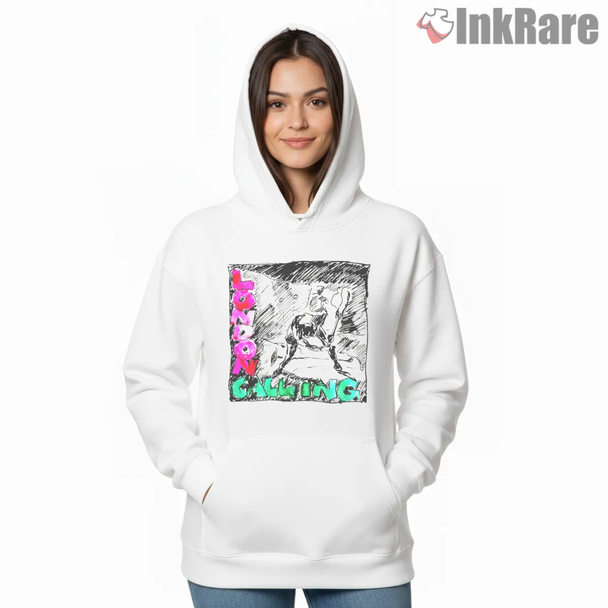 The Clash London Calling Hand Drawn Distressed Hoodie White The Clash London Calling Hand Drawn Distressed Shirt on white hoodie for women graphic tee