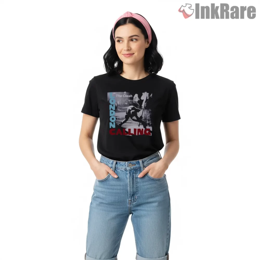 The Clash London Calling Iconic Cover Art Shirt on black short sleeve shirt for women graphic tee