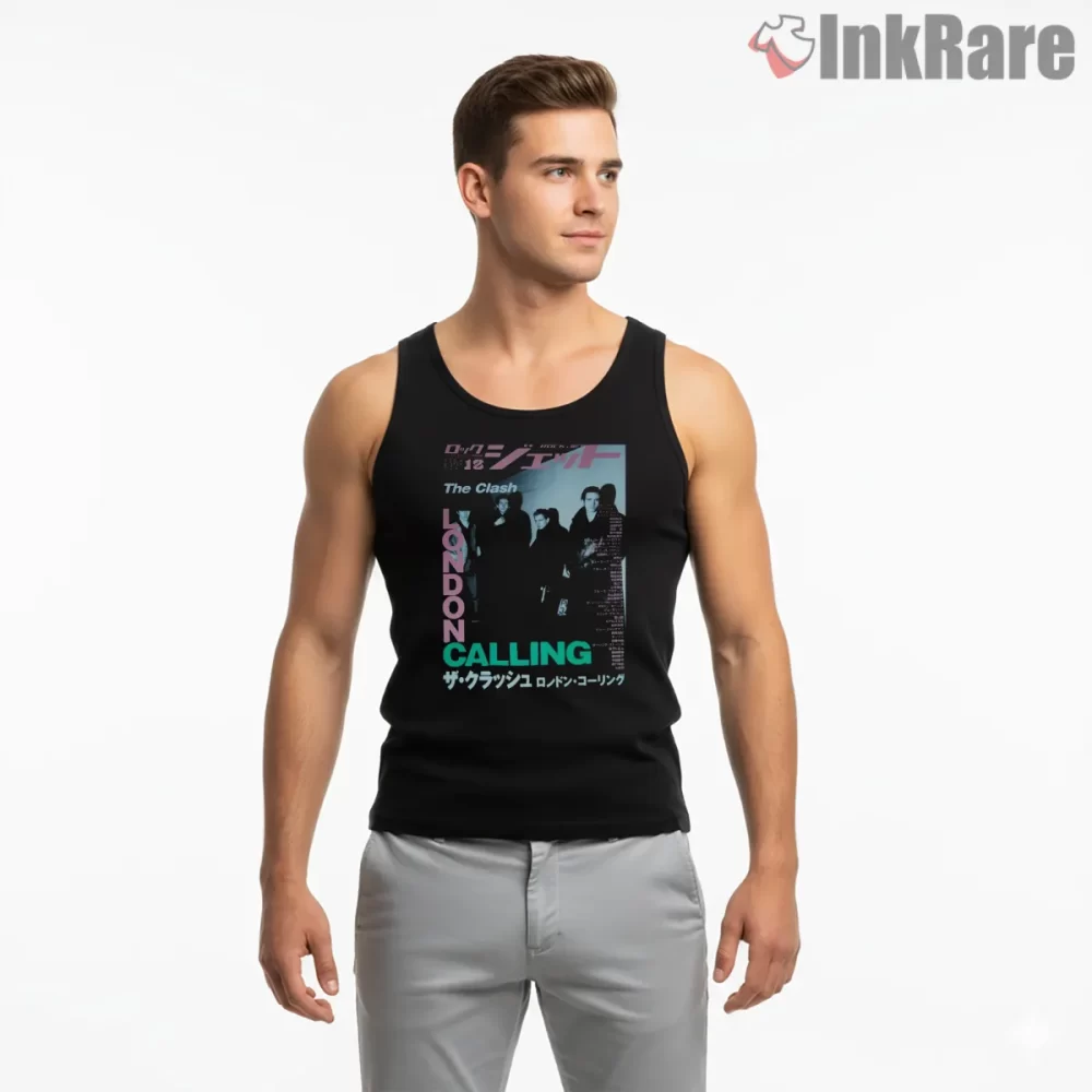 The Clash London Calling Japanese Poster Style Shirt on black tank top for men graphic tee