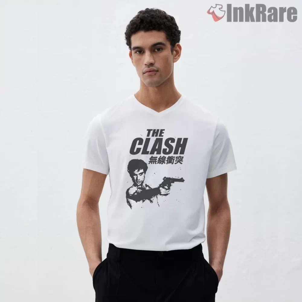 The Clash London Calling Japanese Punk Portrait Shirt on white v-neck shirt for men graphic tee