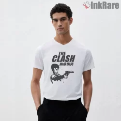 The Clash London Calling Japanese Punk Portrait Shirt on white v-neck shirt for men graphic tee