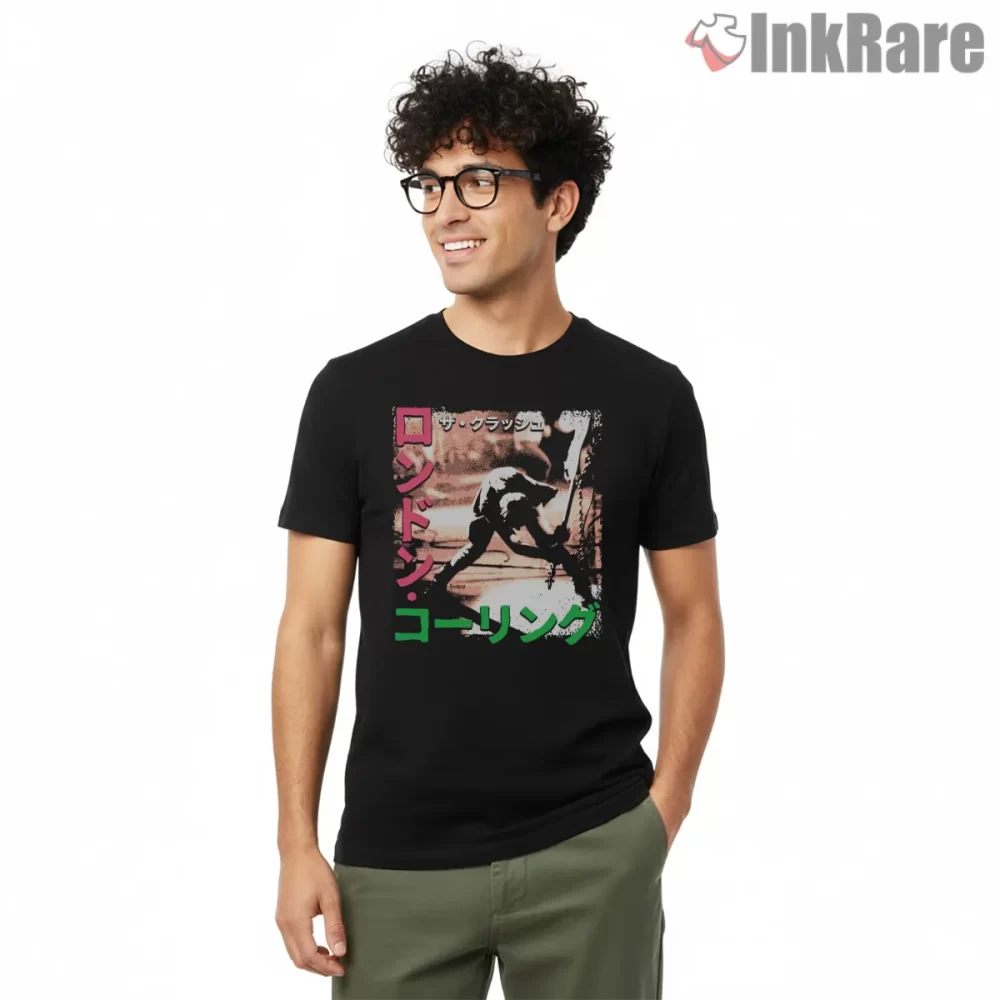 The Clash London Calling Japanese Punk Poster Shirt on black short sleeve shirt for men graphic tee