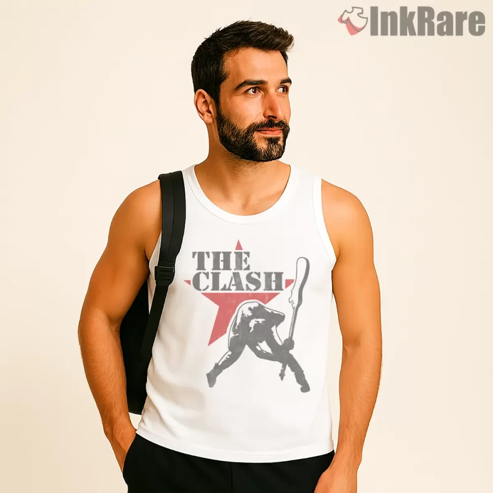 The Clash London Calling Red Star Rebel Punk Shirt on white tank top for men graphic tee