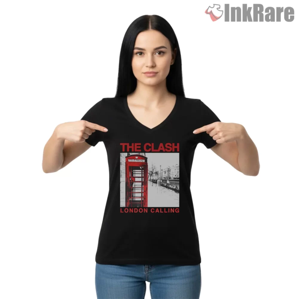 The Clash London Calling Red Telephone Booth Shirt on black v-neck shirt for women graphic tee