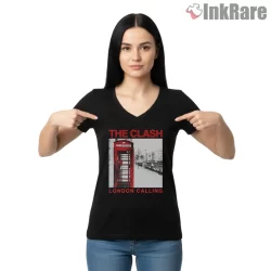 The Clash London Calling Red Telephone Booth Shirt on black v-neck shirt for women graphic tee