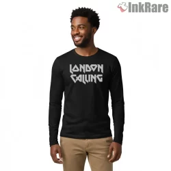 The Clash London Calling Sharp Typography Shirt on black long sleeve shirt for men graphic tee