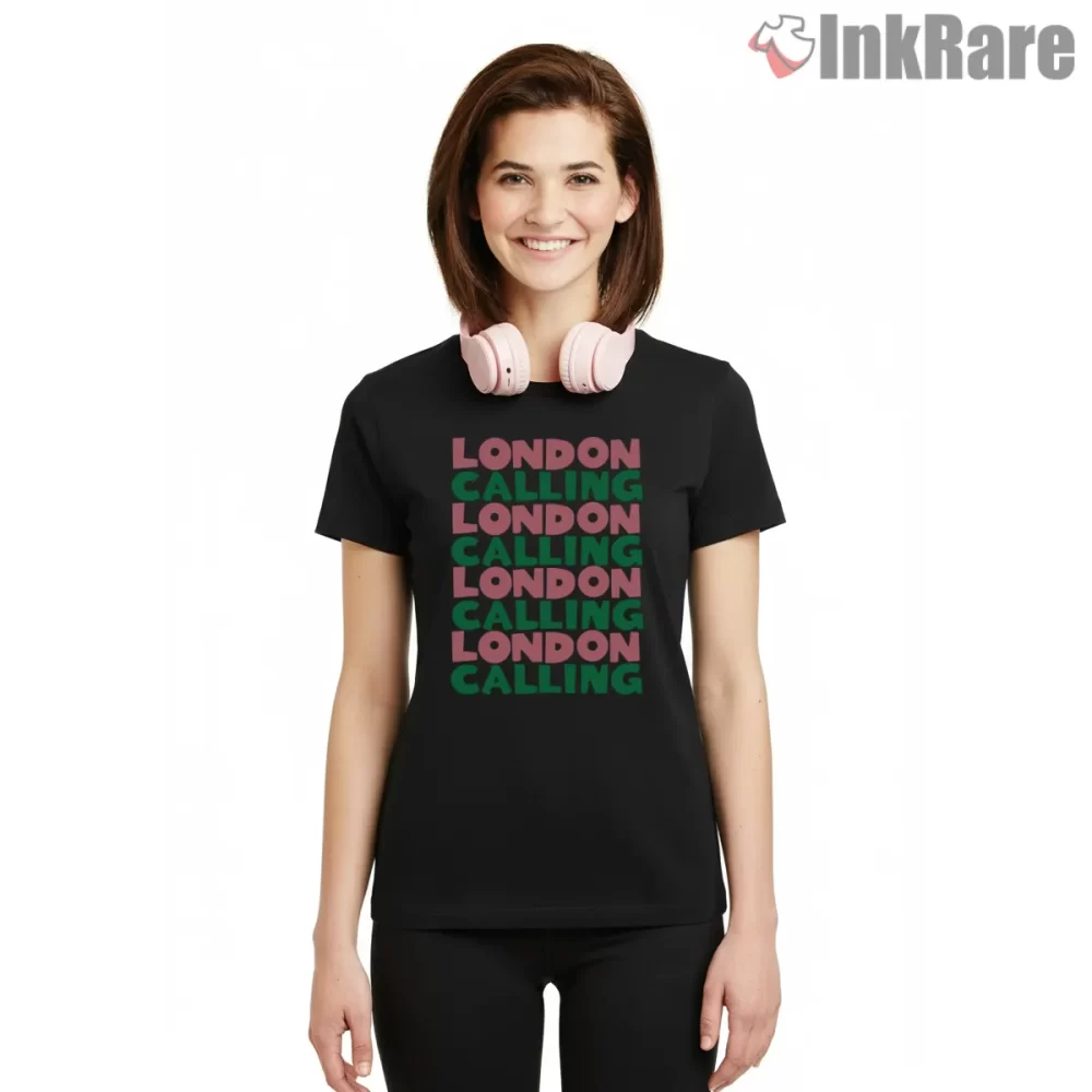 The Clash London Calling Stacked Typography Shirt on black short sleeve shirt for women graphic tee