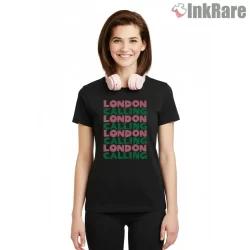 The Clash London Calling Stacked Typography Shirt on black short sleeve shirt for women graphic tee