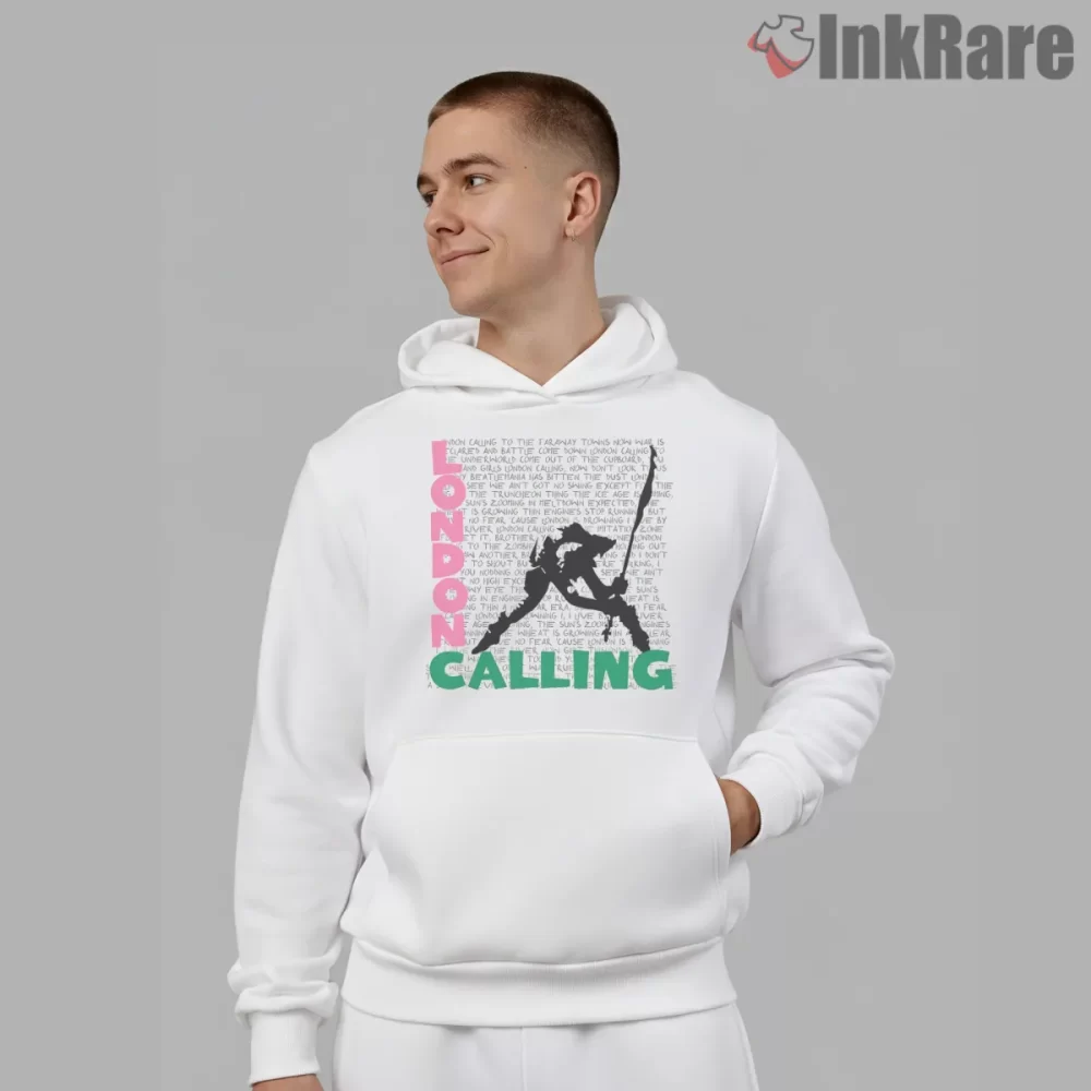 The Clash London Calling Text Wall Collage Shirt on white hoodie for men graphic tee