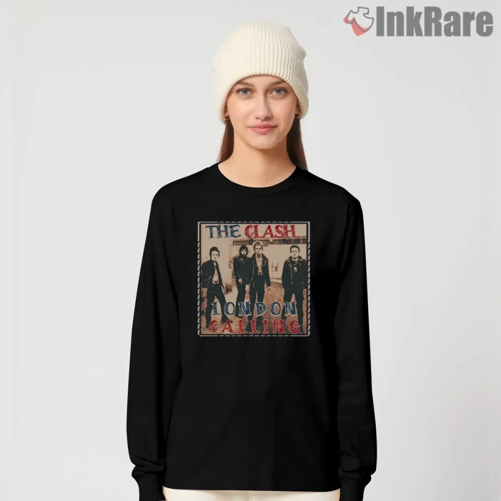The Clash London Calling Vintage Street Poster Shirt on black long sleeve shirt for women graphic tee