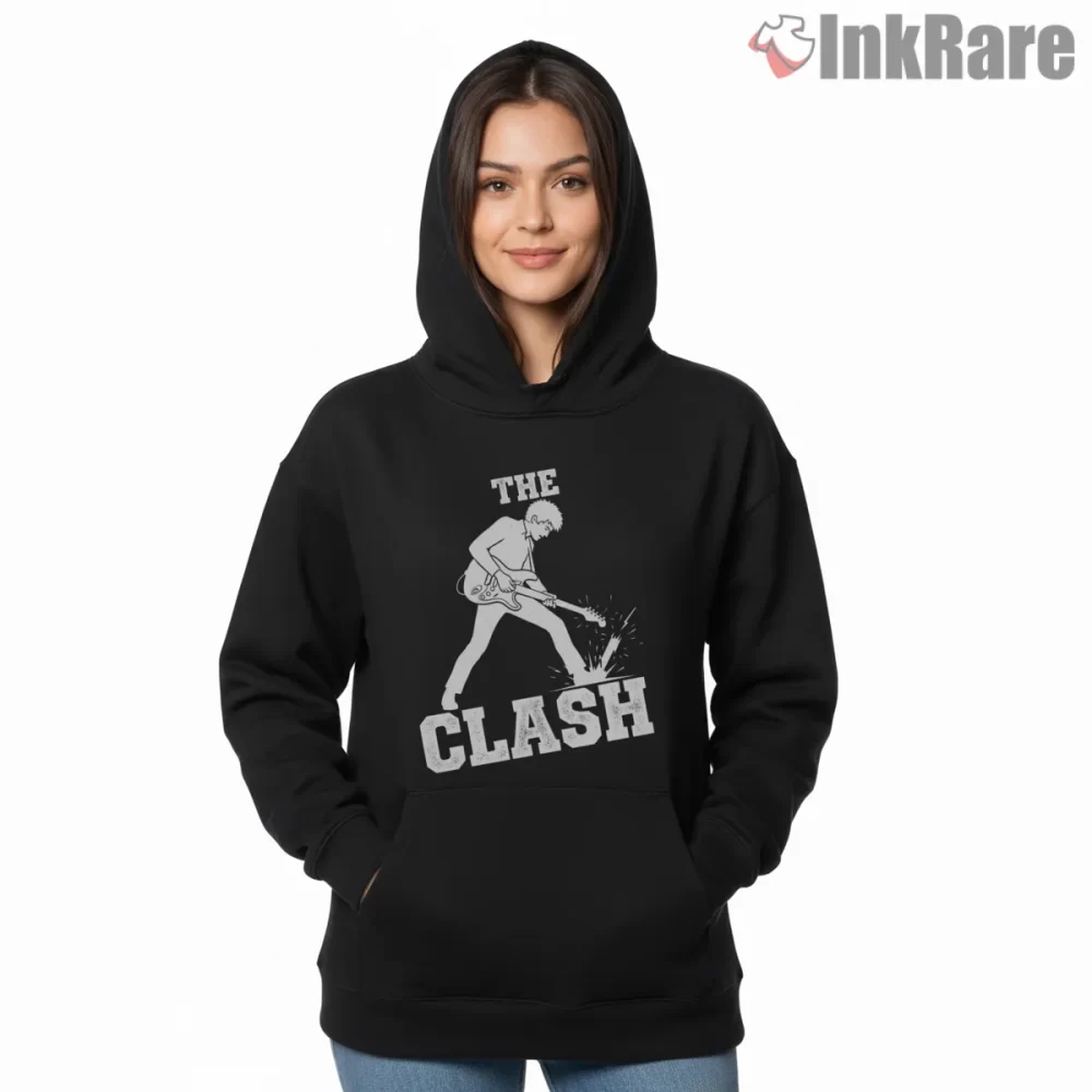 The Clash Minimal Guitar Smash Silhouette Shirt on black hoodie for women graphic tee