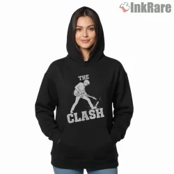 The Clash Minimal Guitar Smash Silhouette Shirt on black hoodie for women graphic tee