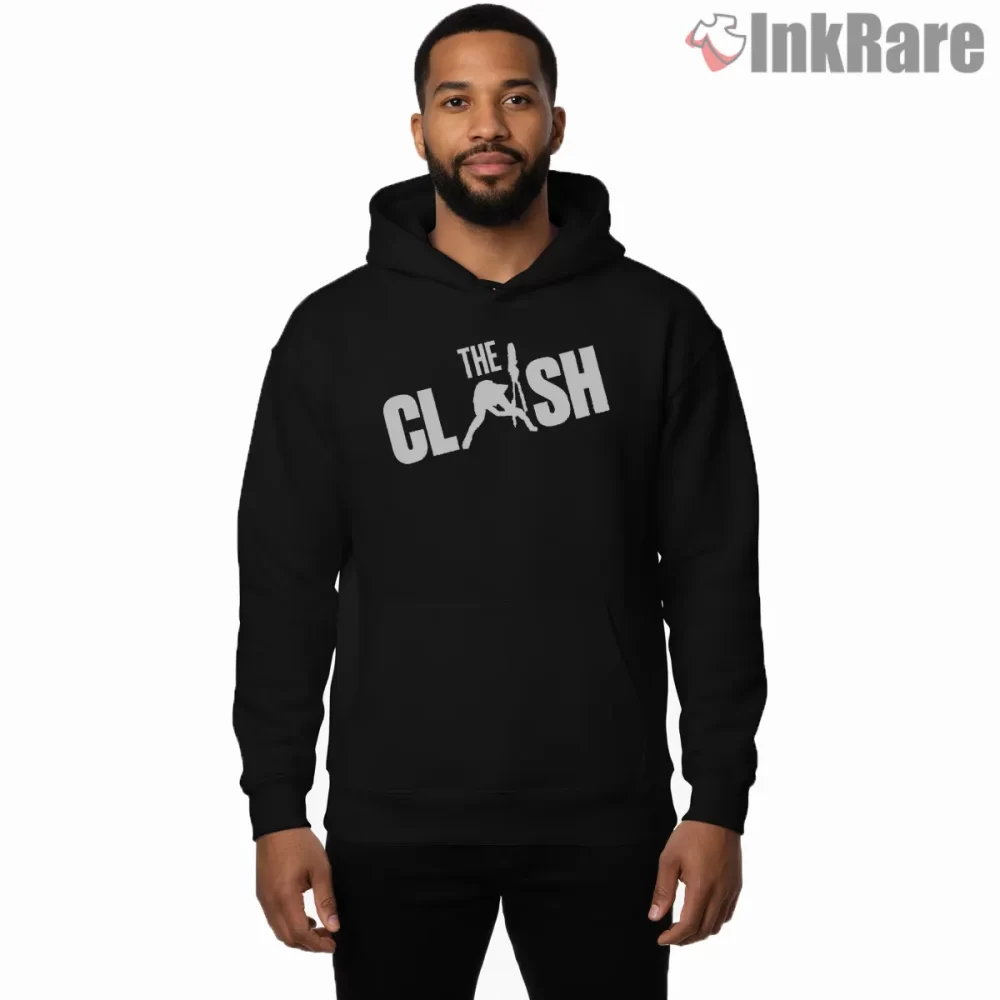 The Clash Minimal Jumping Figure Logo Shirt on black hoodie for men graphic tee