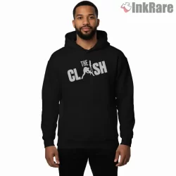 The Clash Minimal Jumping Figure Logo Shirt on black hoodie for men graphic tee
