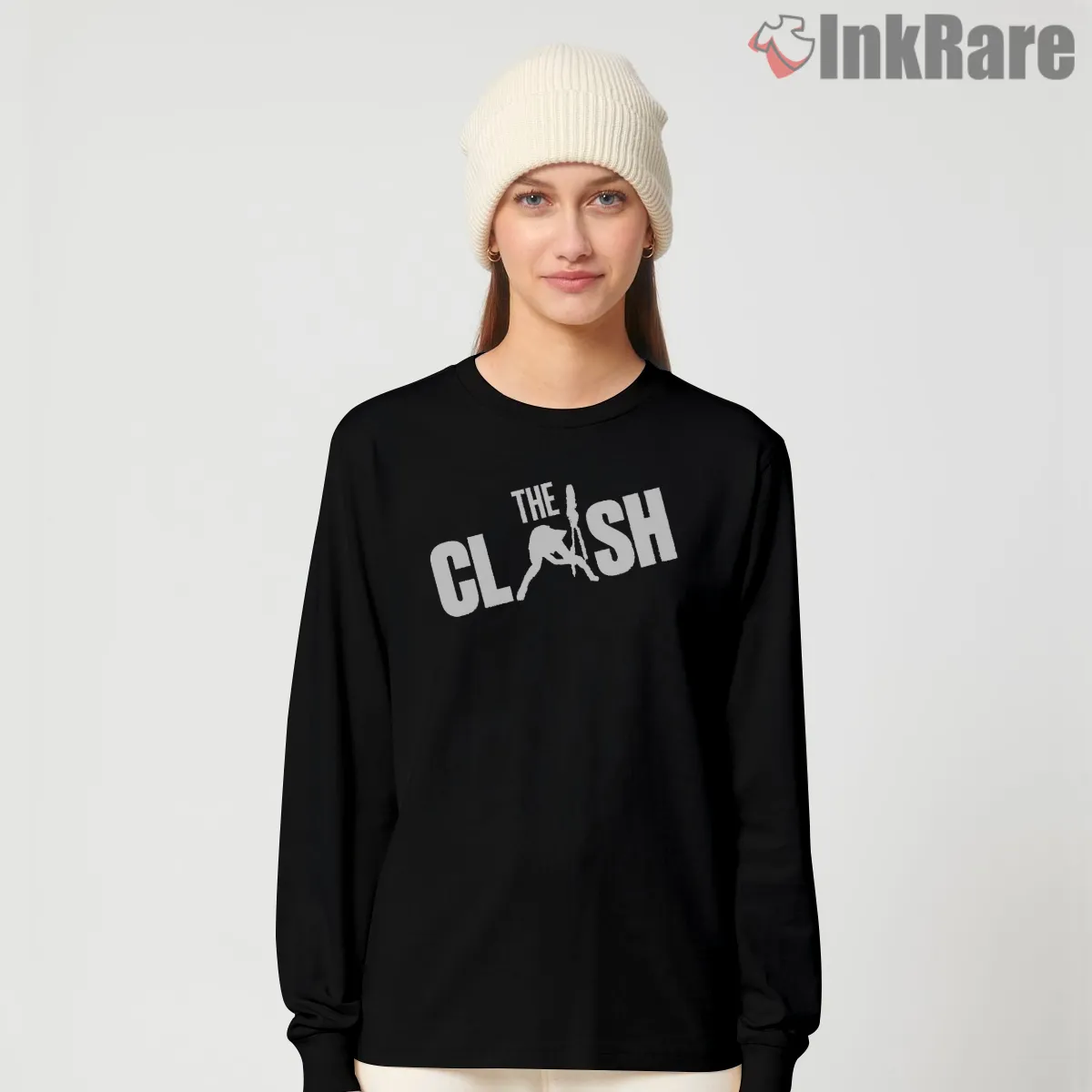 The Clash Minimal Jumping Figure Logo Long Sleeve Black The Clash Minimal Jumping Figure Logo Shirt on black long sleeve shirt for women graphic tee