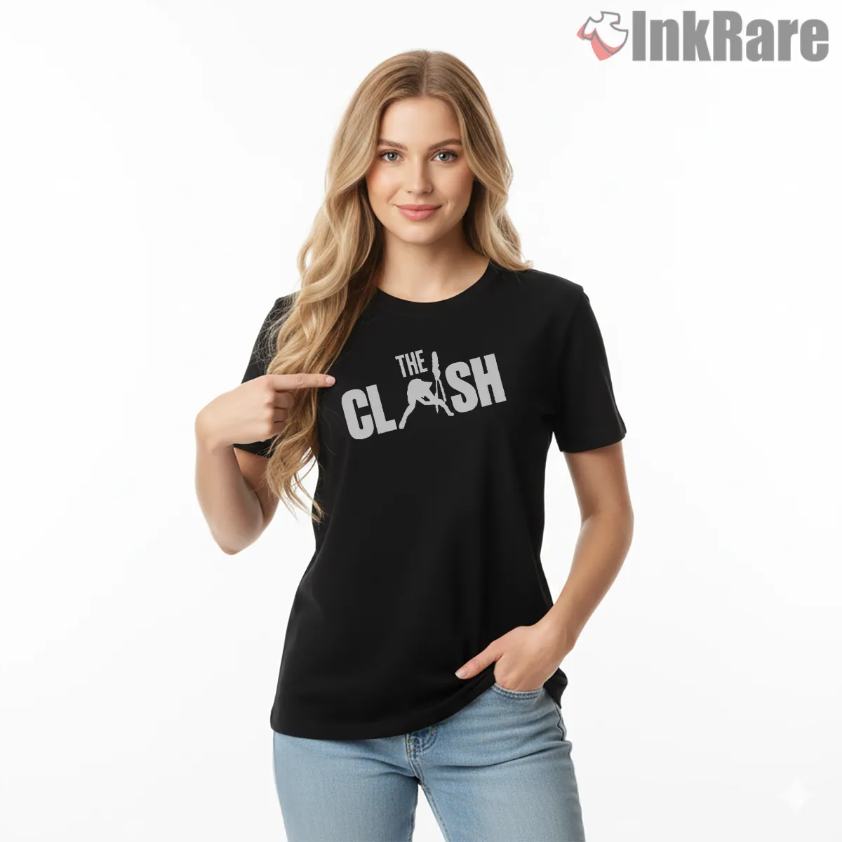 The Clash Minimal Jumping Figure Logo Short Sleeve Black The Clash Minimal Jumping Figure Logo Shirt on black short sleeve shirt for women graphic tee