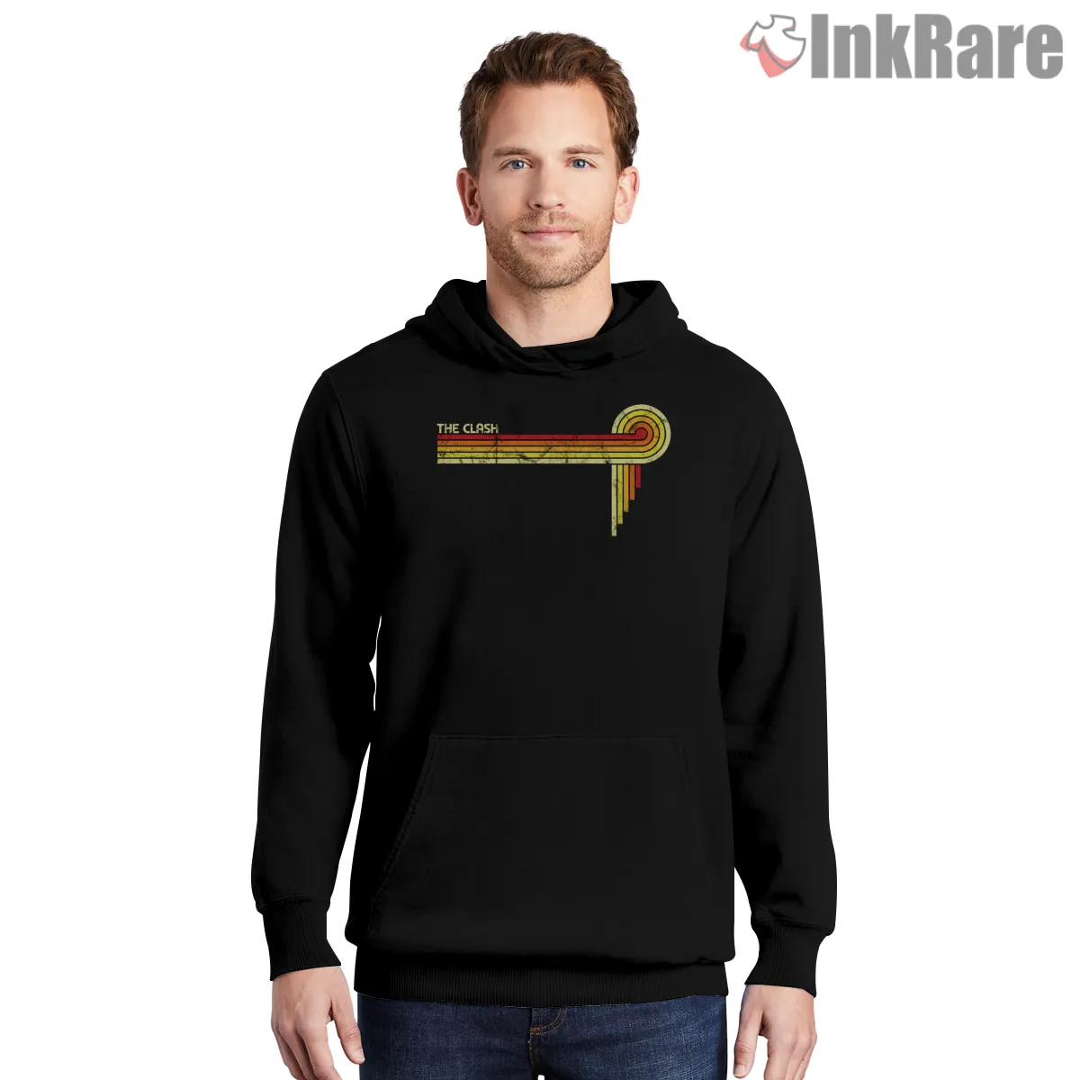 The Clash Minimal Retro Corner Stripes Shirt on black hoodie for men graphic tee