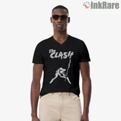 The Clash Minimal Smash Guitar Silhouette Shirt on black v-neck shirt for men graphic tee