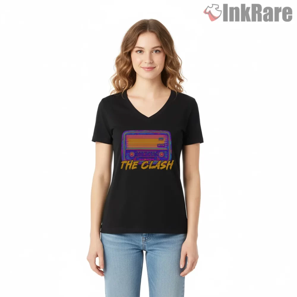 The Clash Neon Boombox Cassette Wave Shirt on black v-neck shirt for women graphic tee