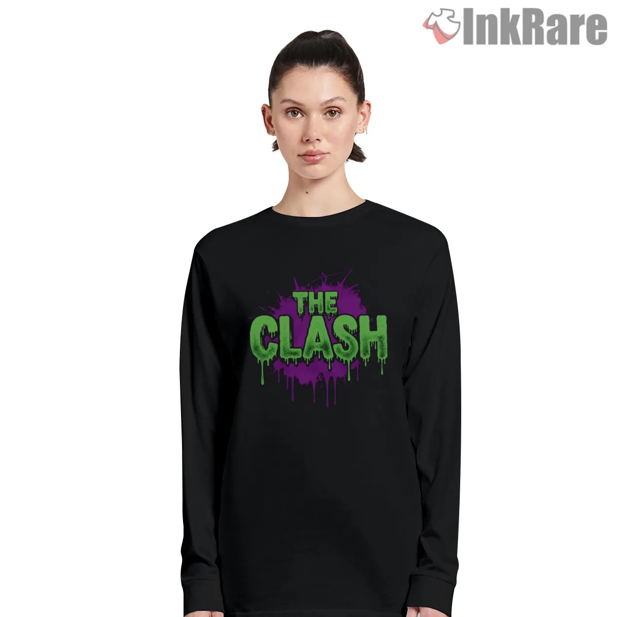 The Clash Neon Drip Graffiti Logo Long Sleeve Black The Clash Neon Drip Graffiti Logo Shirt on black long sleeve shirt for women graphic tee