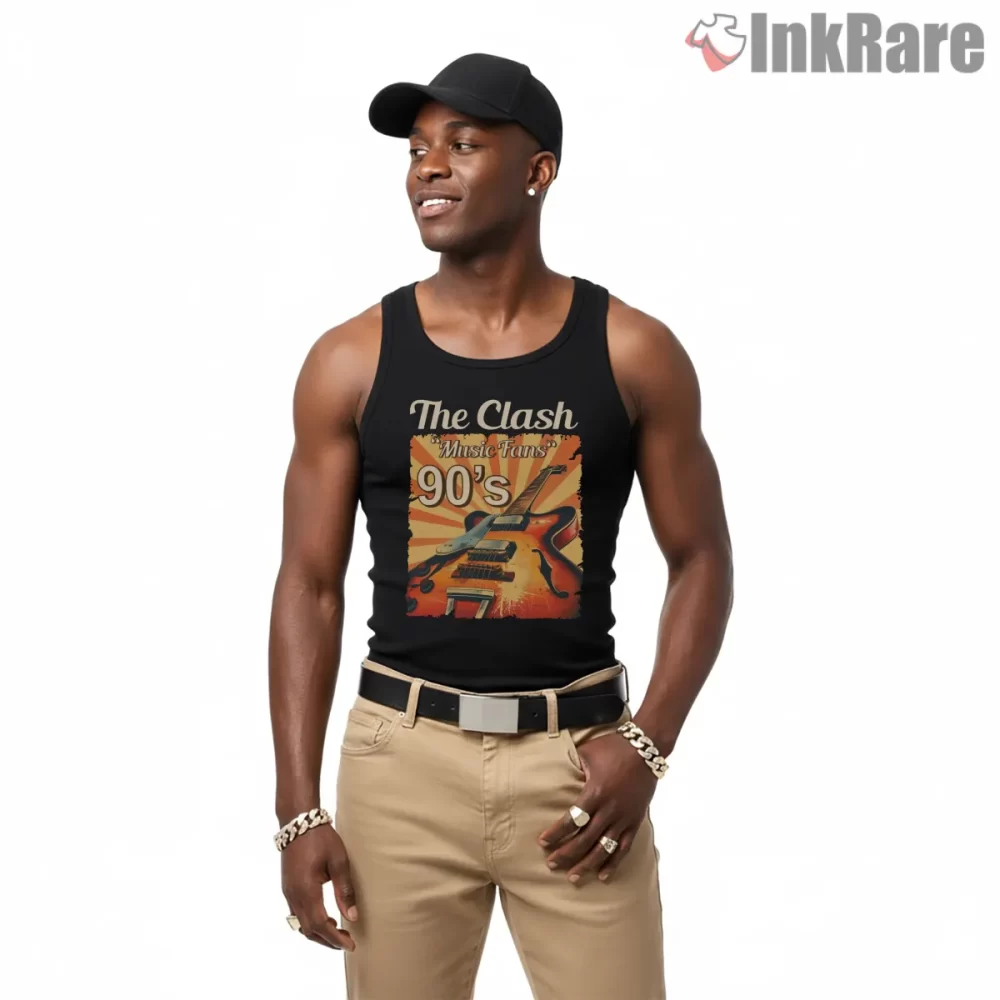The Clash Nineties Fan Art Guitar Poster Shirt on black tank top for men graphic tee