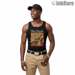 The Clash Nineties Fan Art Guitar Poster Shirt on black tank top for men graphic tee