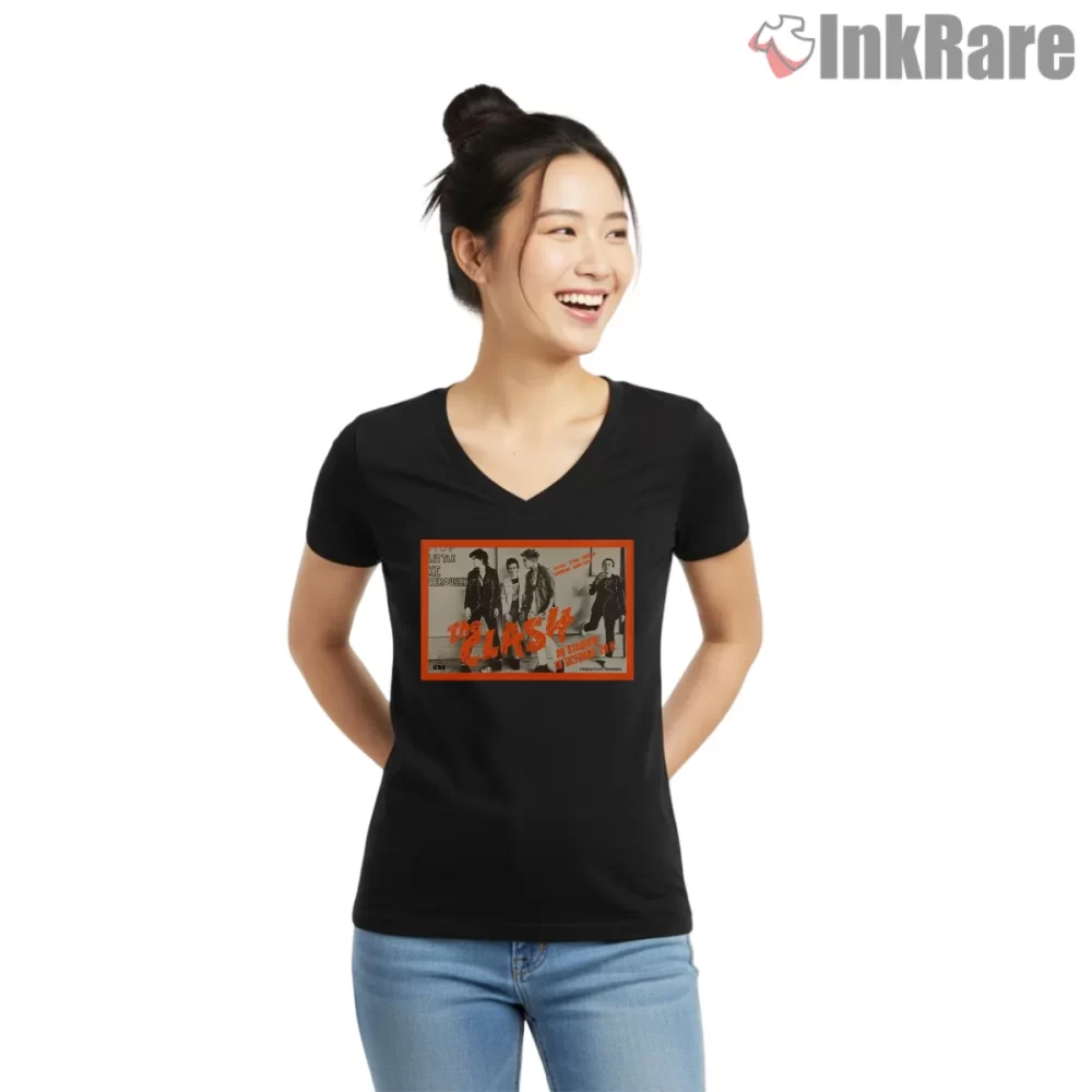 The Clash Only Band That Matters Tour Poster Shirt on black v-neck shirt for women graphic tee