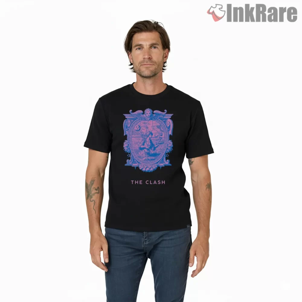 The Clash Ornate Frame Psychedelic Art Shirt on black short sleeve shirt for men graphic tee