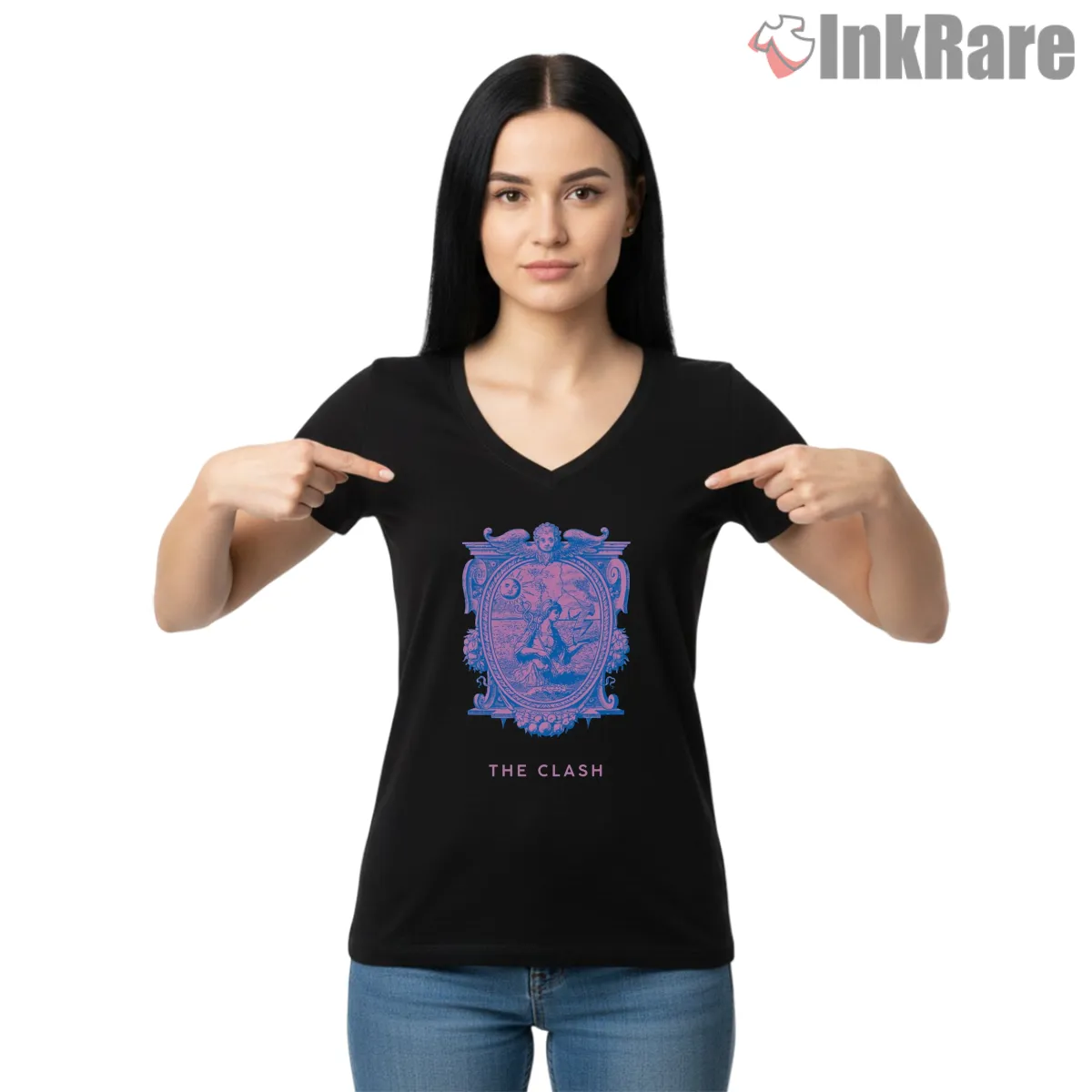 The Clash Ornate Frame Psychedelic Art V Neck Black The Clash Ornate Frame Psychedelic Art Shirt on black v-neck shirt for women graphic tee