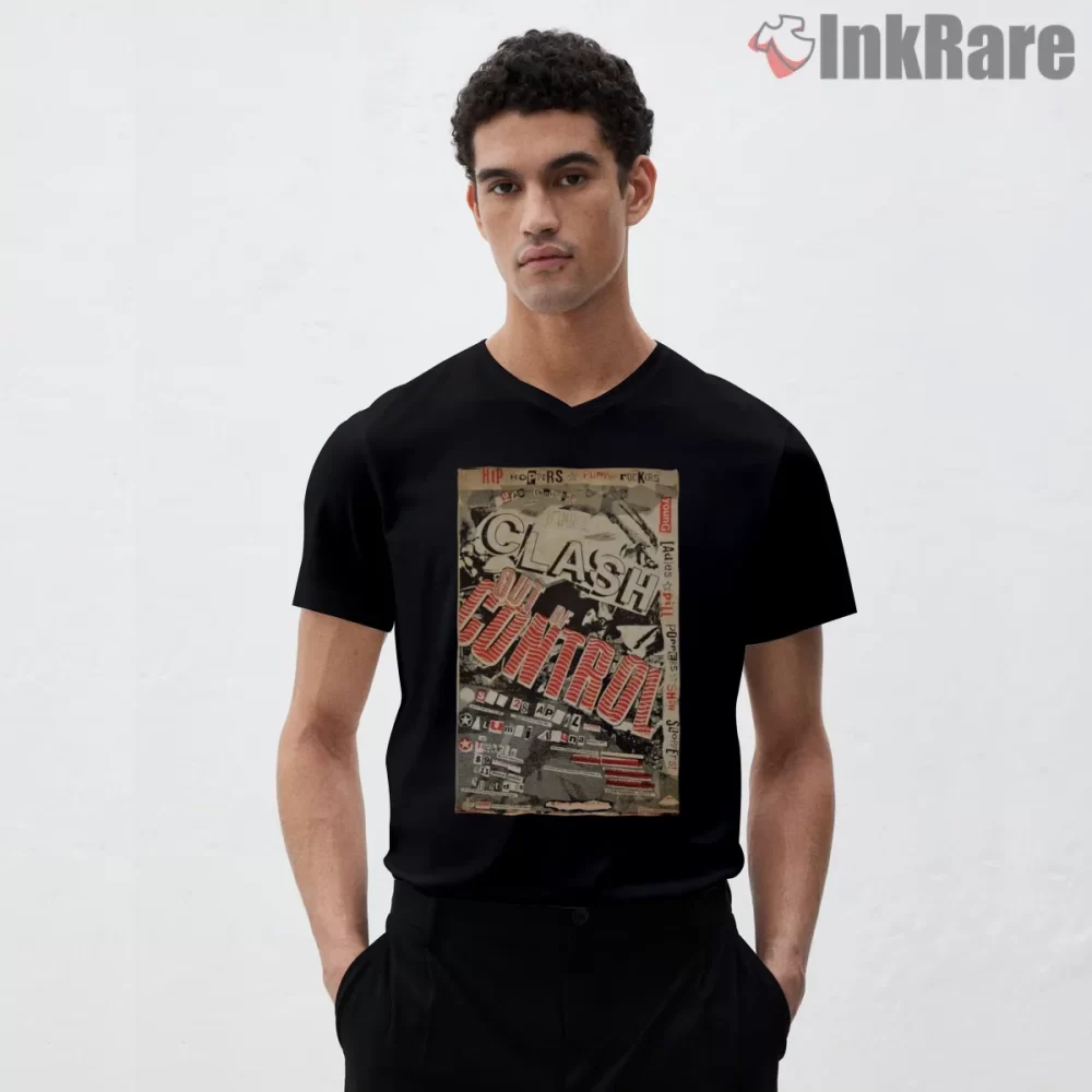 The Clash Out Of Control Punk Manifesto Shirt on black v-neck shirt for men graphic tee