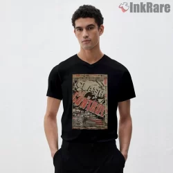 The Clash Out Of Control Punk Manifesto Shirt on black v-neck shirt for men graphic tee