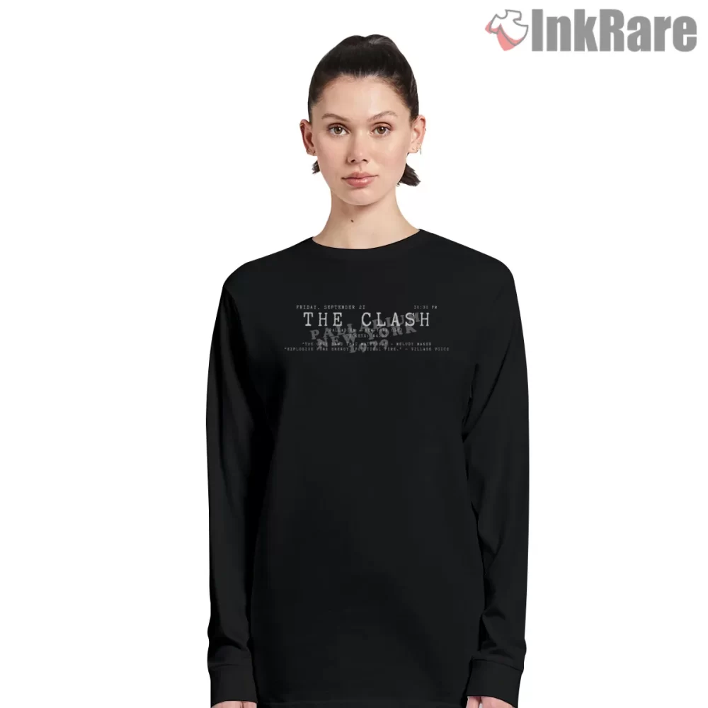 The Clash Palladium New York 1979 Ticket Shirt on black long sleeve shirt for women graphic tee