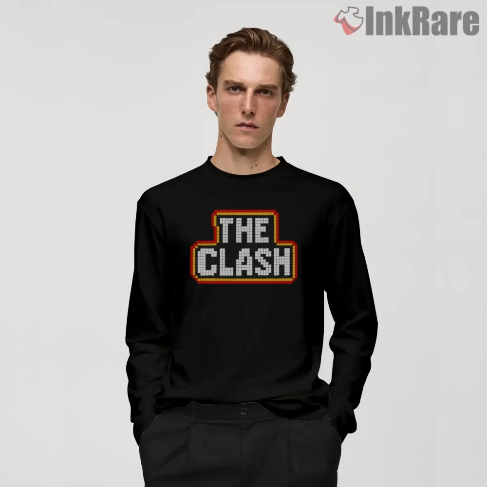 The Clash Pixel Block Retro Arcade Logo Shirt on black long sleeve shirt for men graphic tee