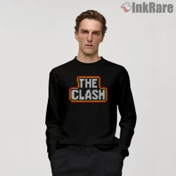 The Clash Pixel Block Retro Arcade Logo Shirt on black long sleeve shirt for men graphic tee