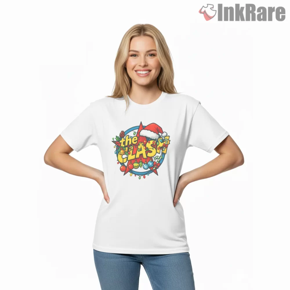 The Clash Punk Christmas Graphic Shirt on white short sleeve shirt for women graphic tee