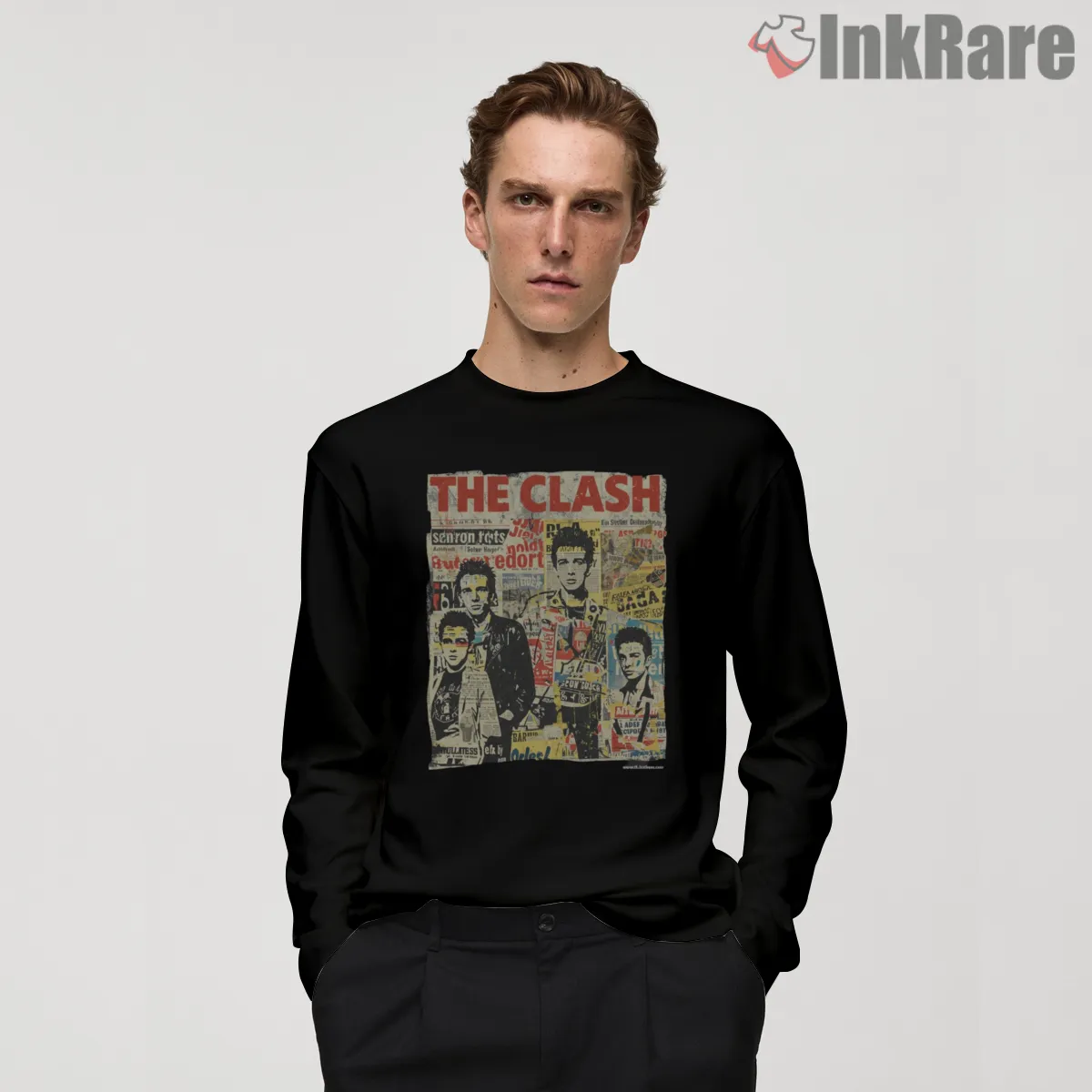 The Clash Punk Collage Street Poster Shirt on black long sleeve shirt for men graphic tee