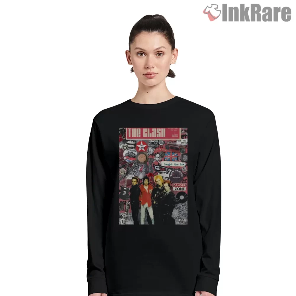 The Clash Punk Collage Vintage Zine Shirt on black long sleeve shirt for women graphic tee
