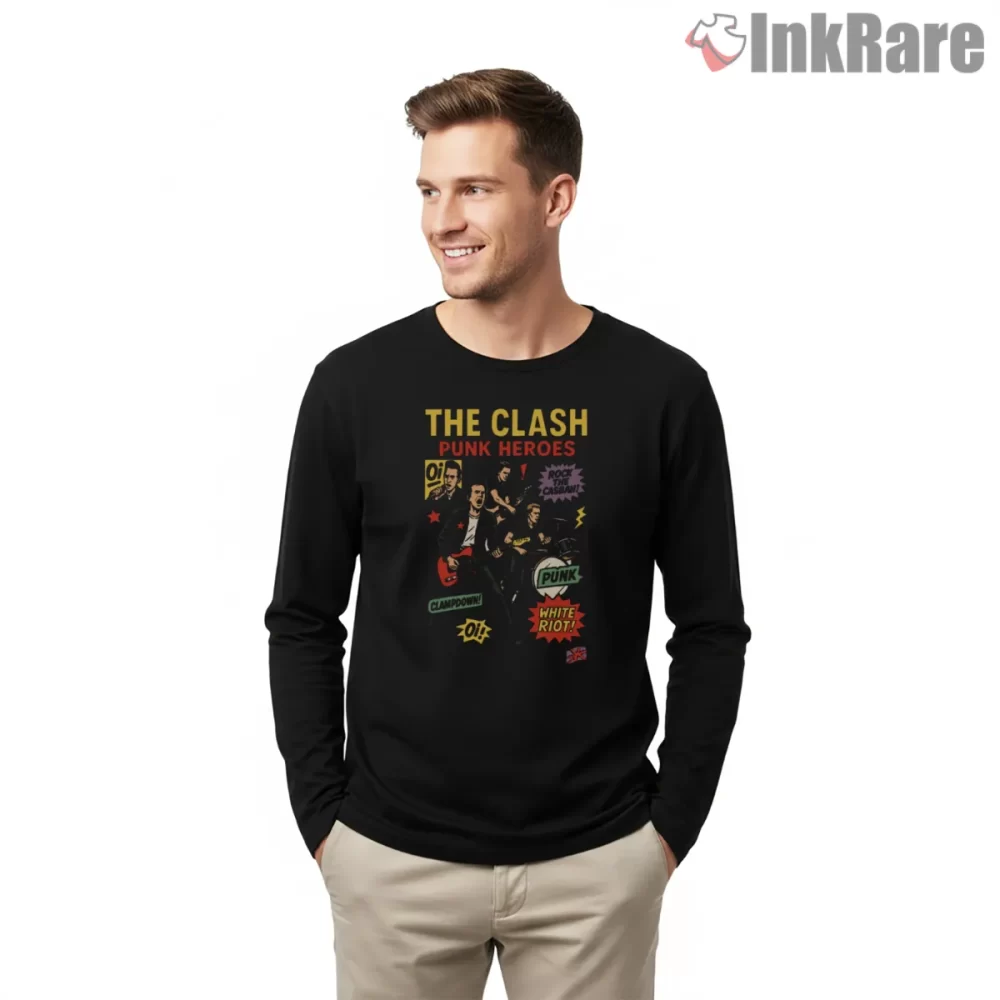 The Clash Punk Heroes Rock Riot Shirt on black long sleeve shirt for men graphic tee