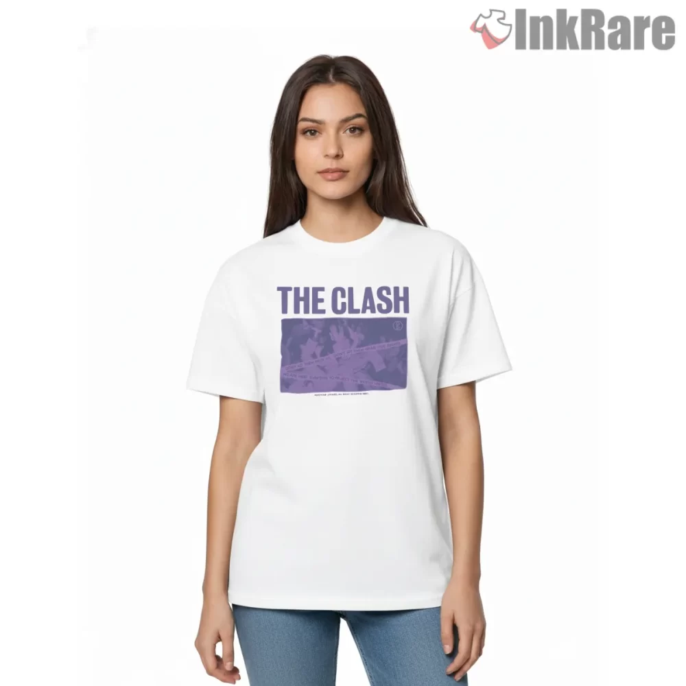 The Clash Purple Poster Style Graphic Shirt on white short sleeve shirt for women graphic tee