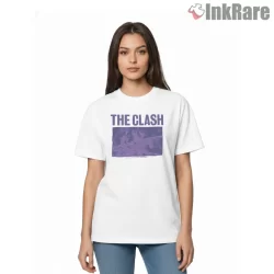 The Clash Purple Poster Style Graphic Shirt on white short sleeve shirt for women graphic tee