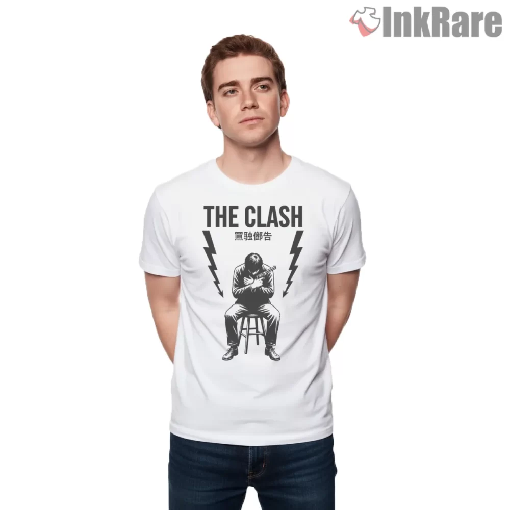 The Clash Radio Clash Lightning Silhouette Shirt on white short sleeve shirt for men graphic tee