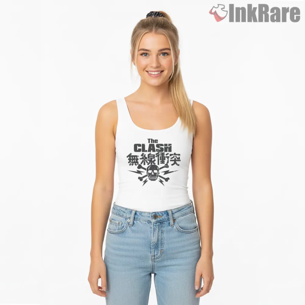 The Clash Radio Clash Skull And Lightning Shirt on white tank top for women graphic tee