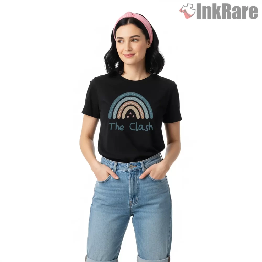 The Clash Rainbow Arc Minimal Logo Shirt on black short sleeve shirt for women graphic tee