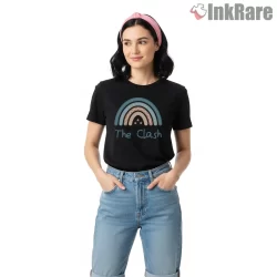 The Clash Rainbow Arc Minimal Logo Shirt on black short sleeve shirt for women graphic tee