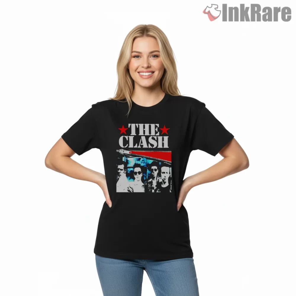 The Clash Red Star Live Portrait Shirt on black short sleeve shirt for women graphic tee