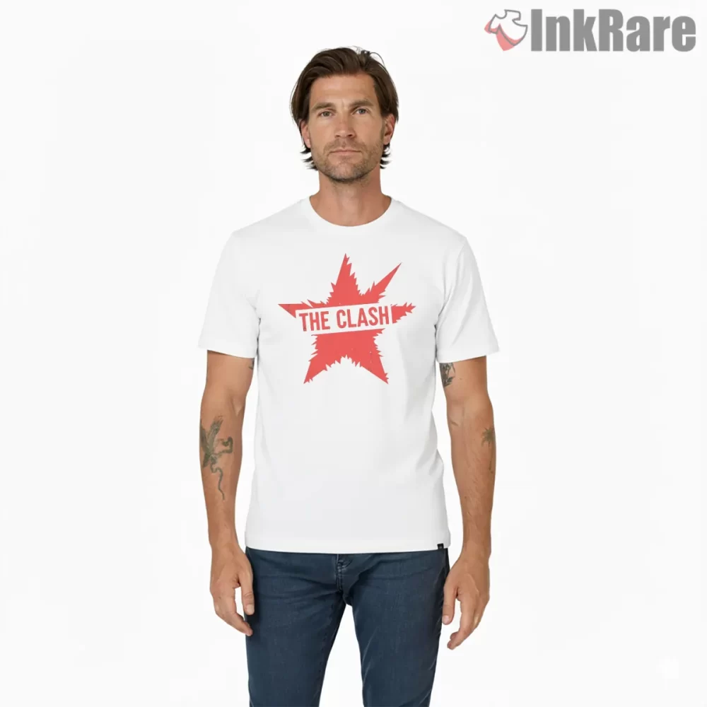 The Clash Red Star Punk Logo Shirt on white short sleeve shirt for men graphic tee