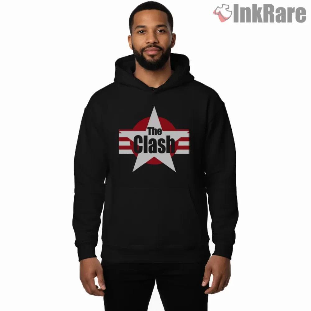 The Clash Red Star Target Punk Emblem Shirt on black hoodie for men graphic tee