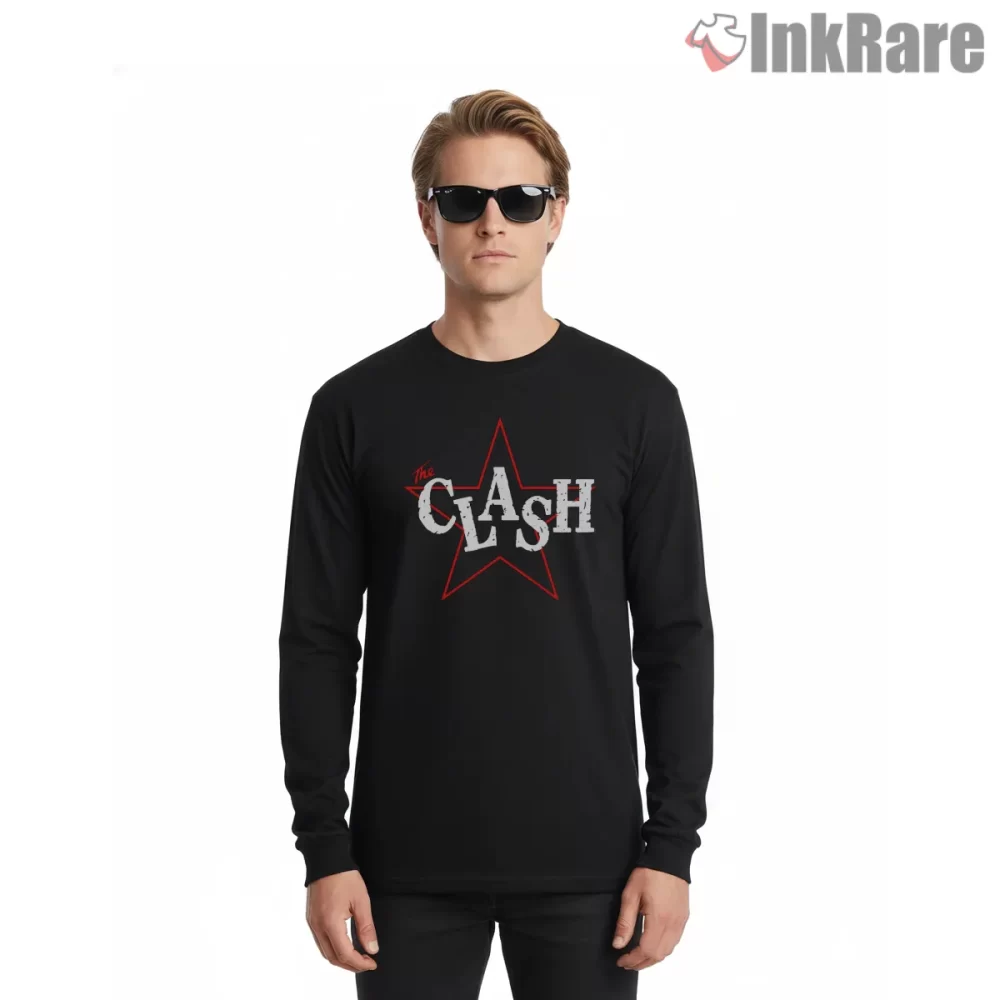 The Clash Red Star Vintage Punk Logo Shirt on black long sleeve shirt for men graphic tee