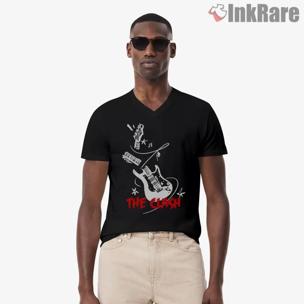 The Clash Retro Flying Guitar Punk Shirt on black v-neck shirt for men graphic tee
